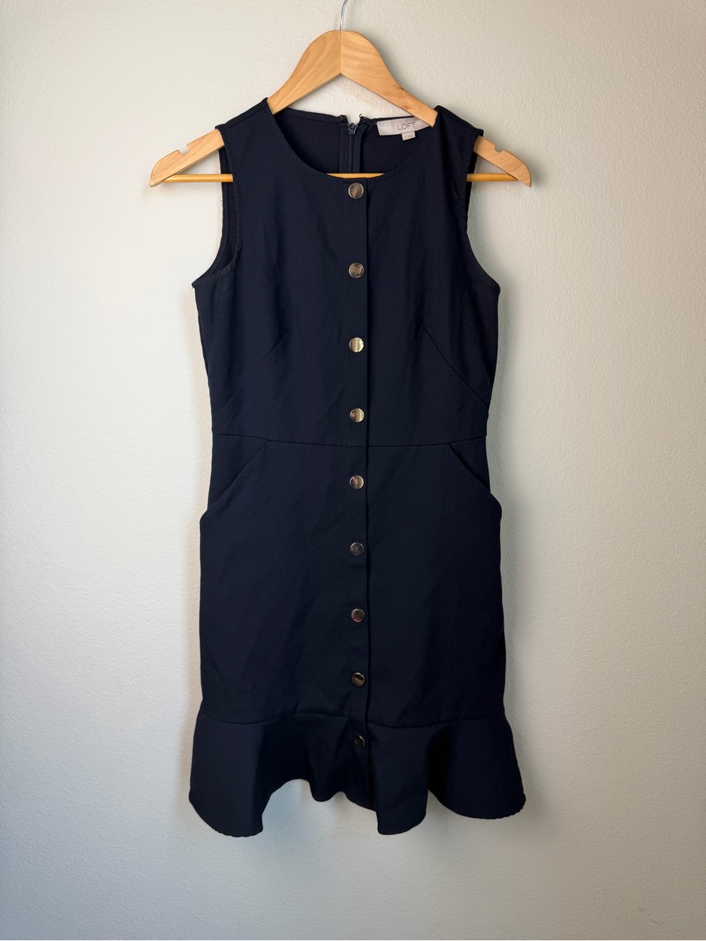 Loft Sleeveless Black Button-Front Dress with Ruffle Hem